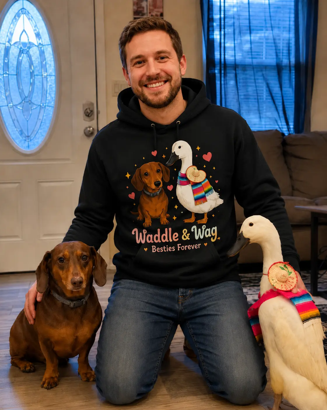 Custom dachshund and duck hoodie review from Ryan C.